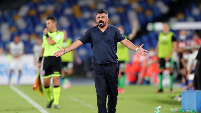 NAPLES, ITALY - JULY 25: Gennaro Gattuso SSC Napoli coach gestures during the Serie A match between SSC Napoli and  US Sassuolo at Stadio San Paolo on July 25, 2020 in Naples, Italy. (Photo by Francesco Pecoraro/Getty Images)