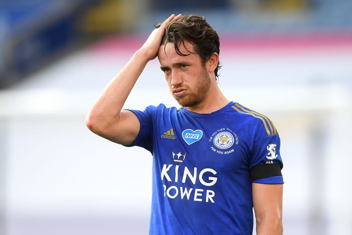 LEICESTER, ENGLAND - JUNE 23: Ben Chilwell of Leicester City reacts during the Premier League match between Leicester City and Brighton & Hove Albion at The King Power Stadium on June 23, 2020 in Leicester, England. Football Stadiums around Europe remain empty due to the Coronavirus Pandemic as Government social distancing laws prohibit fans inside venues resulting in all fixtures being played behind closed doors. (Photo by Michael Regan/Getty Images)