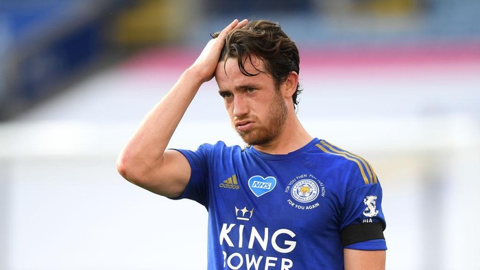 LEICESTER, ENGLAND - JUNE 23: Ben Chilwell of Leicester City reacts during the Premier League match between Leicester City and Brighton & Hove Albion at The King Power Stadium on June 23, 2020 in Leicester, England. Football Stadiums around Europe remain empty due to the Coronavirus Pandemic as Government social distancing laws prohibit fans inside venues resulting in all fixtures being played behind closed doors. (Photo by Michael Regan/Getty Images)