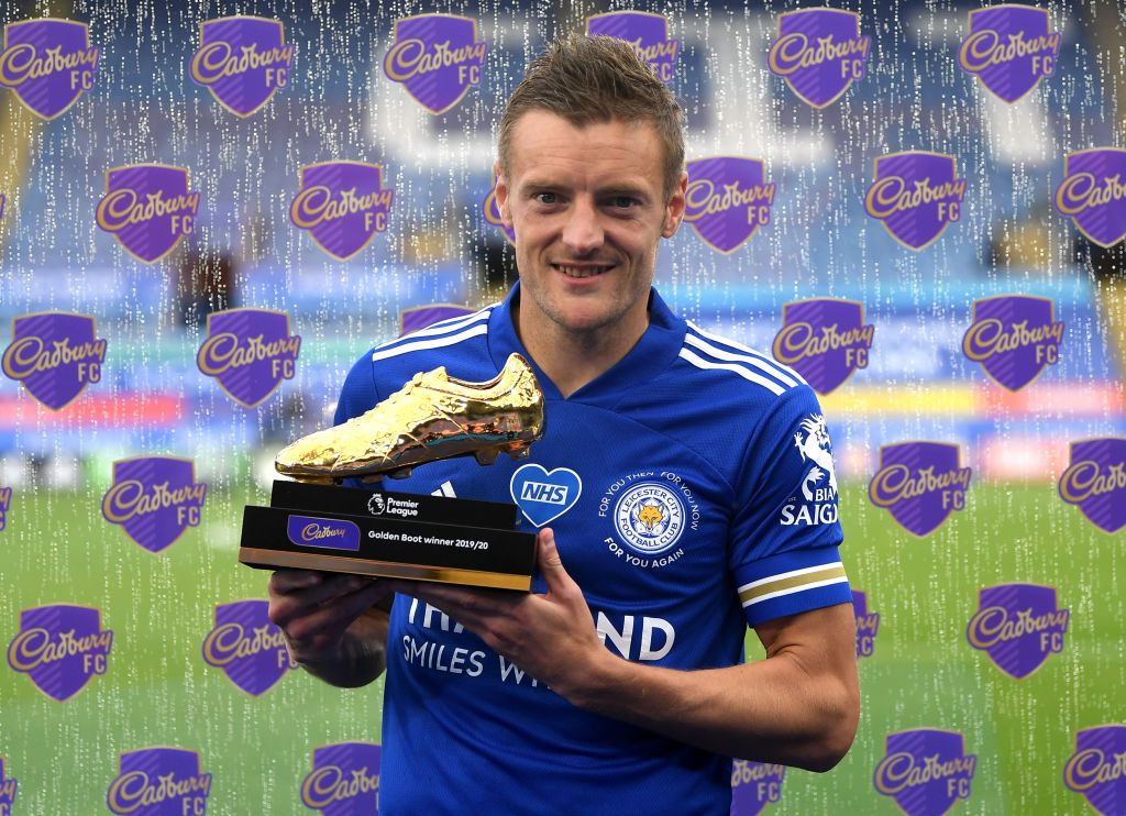LEICESTER, ENGLAND - JULY 26: Jamie Vardy of Leicester City  poses with the Golden Boot award after the Premier League match between Leicester City and Manchester United at The King Power Stadium on July 26, 2020 in Leicester, England.Football Stadiums around Europe remain empty due to the Coronavirus Pandemic as Government social distancing laws prohibit fans inside venues resulting in all fixtures being played behind closed doors. (Photo by Michael Regan/Getty Images)