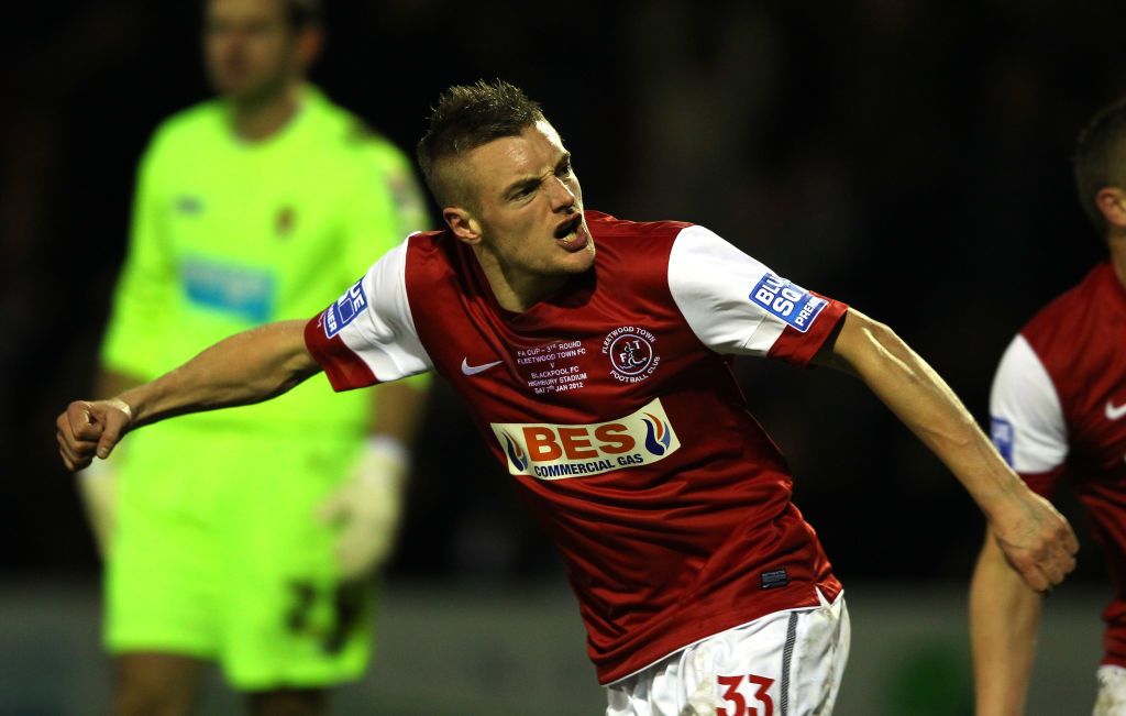 FLEETWOOD, ENGLAND - JANUARY 07:  Jamie Vardy of Fleetwood Town celebrates after scoring his goal during the FA Cup sponsored by Budweiser third round match between Fleetwood Town and Blackpool at Highbury Stadium on January 7, 2012 in Fleetwood, England.  (Photo by Alex Livesey/Getty Images)