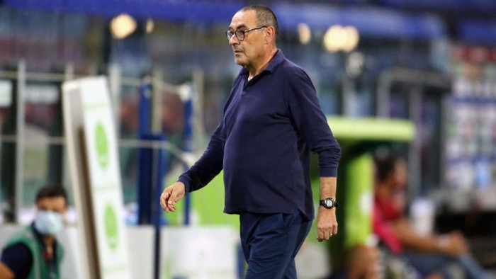 CAGLIARI, ITALY - JULY 29: Juventuss coach Maurizio Sarri reacts during the Serie A match between Cagliari Calcio and  Juventus at Sardegna Arena on July 29, 2020 in Cagliari, Italy.  (Photo by Enrico Locci/Getty Images)