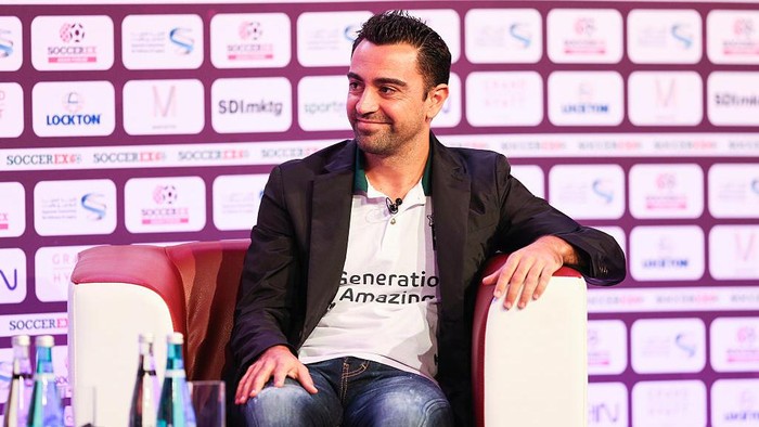 DOHA, QATAR - DECEMBER 05: Generation Amazing ambassador Xavi Hernandez addresses delegates during day 2 of Soccerex Asia on December 5, 2016 in Doha, Qatar. (Photo by Barrington Coombs/Getty Images)
