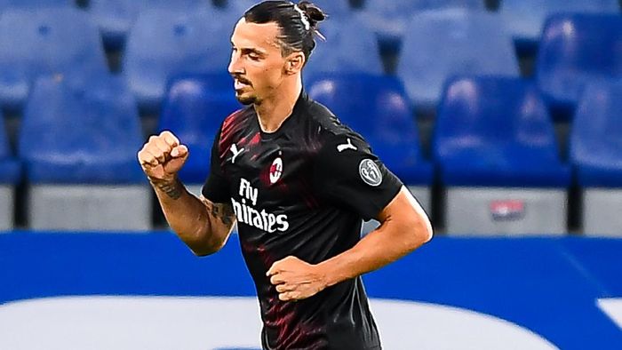 Zlatan Ibrahimovic AC Milan GENOA, ITALY - JULY 29: Zlatan Ibrahimovic of Milan celebrates after scoring his second goal during the Serie A match between UC Sampdoria and AC Milan at Stadio Luigi Ferraris on July 29, 2020 in Genoa, Italy. (Photo by Paolo Rattini/Getty Images)