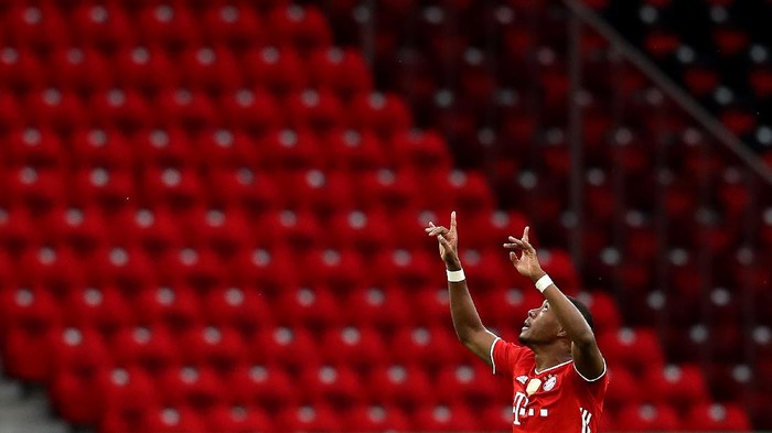 BERLIN, GERMANY - JULY 04: David Alaba of FC Bayern Muenchen celebrates after scoring his teams first goal  during the DFB Cup final match between Bayer 04 Leverkusen and FC Bayern Muenchen at Olympiastadion on July 04, 2020 in Berlin, Germany. (Photo by Alexander Hassenstein/Getty Images)