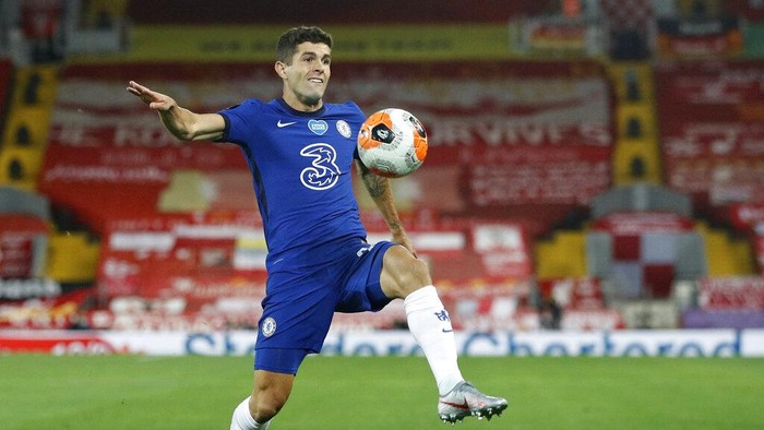 Chelseas Christian Pulisic controls the ball during the English Premier League soccer match between Liverpool and Chelsea at Anfield Stadium in Liverpool, England, Wednesday, July 22, 2020. (Phil Noble/Pool via AP)