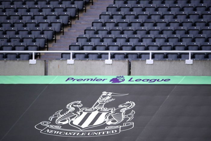 Newcastle United NEWCASTLE UPON TYNE, ENGLAND - JULY 05: General view inside the stadium where a Newcastle United banner is seen alongside the Premier League logo prior to the Premier League match between Newcastle United and West Ham United at St. James Park on July 05, 2020 in Newcastle upon Tyne, England. Football Stadiums around Europe remain empty due to the Coronavirus Pandemic as Government social distancing laws prohibit fans inside venues resulting in games being played behind closed doors. (Photo by Laurence Griffiths/Getty Images)