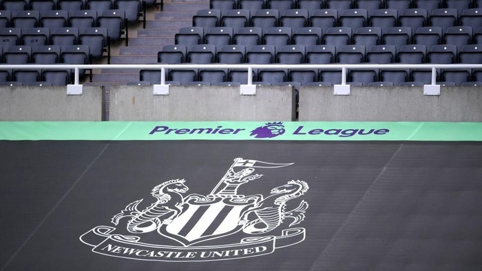 NEWCASTLE UPON TYNE, ENGLAND - JULY 05: General view inside the stadium where a Newcastle United banner is seen alongside the Premier League logo prior to the Premier League match between Newcastle United and West Ham United at St. James Park on July 05, 2020 in Newcastle upon Tyne, England. Football Stadiums around Europe remain empty due to the Coronavirus Pandemic as Government social distancing laws prohibit fans inside venues resulting in games being played behind closed doors. (Photo by Laurence Griffiths/Getty Images)