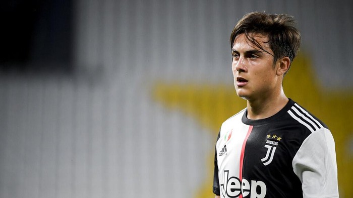 Juventus Paulo Dybala looks on during the Italian Serie A soccer match between Juventus and Lazio at the Allianz stadium in Turin, Italy, Monday, July 20, 2020. (Marco Alpozzi/LaPresse via AP)