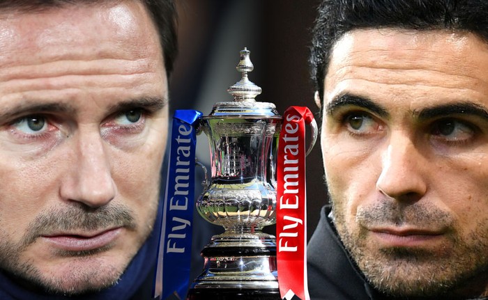 FILE PHOTO (EDITORS NOTE: COMPOSITE OF IMAGES - Image numbers 960100528, 1200362670, 1196044327 - GRADIENT ADDED) In this composite image a comparison has been made between Frank Lampard, Manager of Chelsea (L) and Mikel Arteta, Manager of Arsenal. Chelsea and Arsenal meet in the FA Cup Final at Wembley Stadium without fans on August 1,2020 in London,England.  ***LEFT IMAGE*** NEWCASTLE UPON TYNE, ENGLAND - JANUARY 18: Frank Lampard, Manager of Chelsea looks on during the Premier League match between Newcastle United and Chelsea FC at St. James Park on January 18, 2020 in Newcastle upon Tyne, United Kingdom. (Photo by Ian MacNicol/Getty Images) ***CENTER IMAGE***  LONDON, ENGLAND - MAY 19: A detailed view of the Emirates FA Cup Trophy prior to The Emirates FA Cup Final between Chelsea and Manchester United at Wembley Stadium on May 19, 2018 in London, England. (Photo by Laurence Griffiths/Getty Images) ***RIGHT IMAGE*** BOURNEMOUTH, ENGLAND - DECEMBER 26: Mikel Arteta, Manager of Arsenal looks on during the Premier League match between AFC Bournemouth and Arsenal FC at Vitality Stadium on December 26, 2019 in Bournemouth, United Kingdom. (Photo by Dan Mullan/Getty Images)