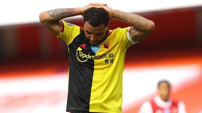 LONDON, ENGLAND - JULY 26: Troy Deeney of Watford reacts during the Premier League match between Arsenal FC and Watford FC at Emirates Stadium on July 26, 2020 in London, England. Football Stadiums around Europe remain empty due to the Coronavirus Pandemic as Government social distancing laws prohibit fans inside venues resulting in all fixtures being played behind closed doors. (Photo by Julian Finney/Getty Images)
