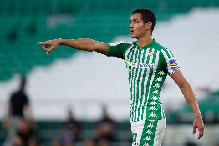 SEVILLE, SPAIN - JULY 16: Aissa Mandi gestures during the Liga match between Real Betis Balompie and Deportivo Alaves at Estadio Benito Villamarin on July 16, 2020 in Seville, Spain. (Photo by Fran Santiago/Getty Images)