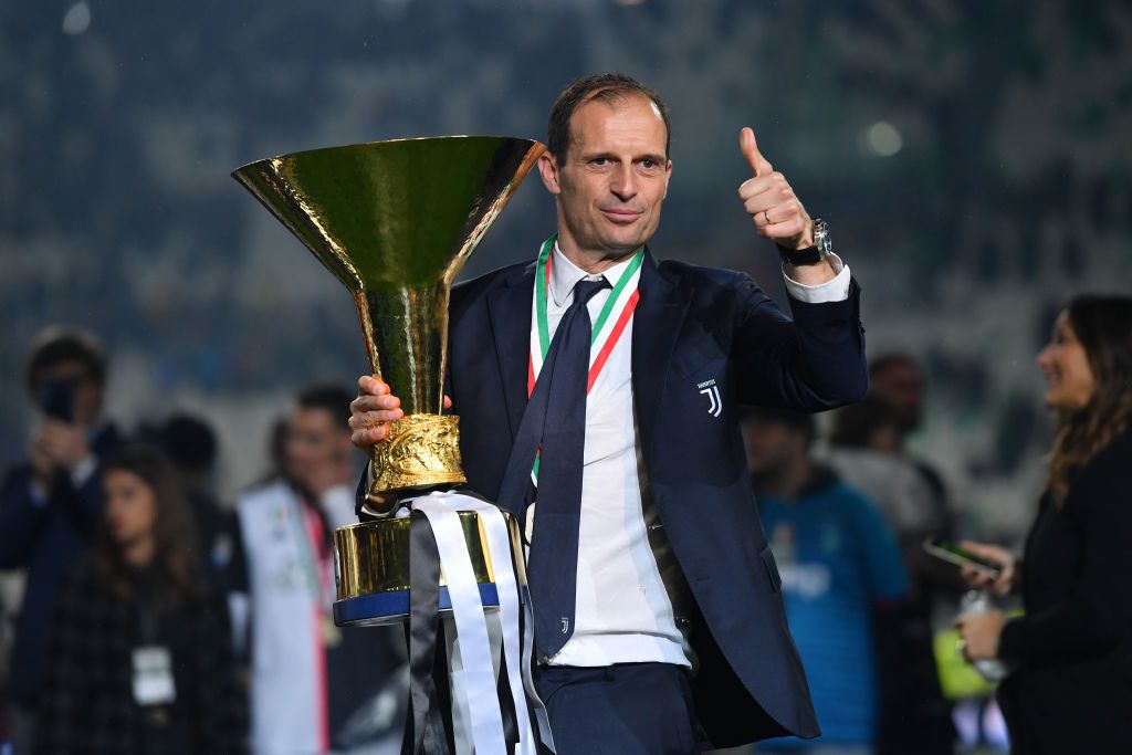 Massimiliano Allegri TURIN, ITALY - MAY 19: Head coach Massimiliano Allegri of Juventus celebrates during the awards ceremony after winning the Serie A Championship during the Serie A match between Juventus and Atalanta BC on May 19, 2019 in Turin, Italy. (Photo by Tullio M. Puglia/Getty Images)