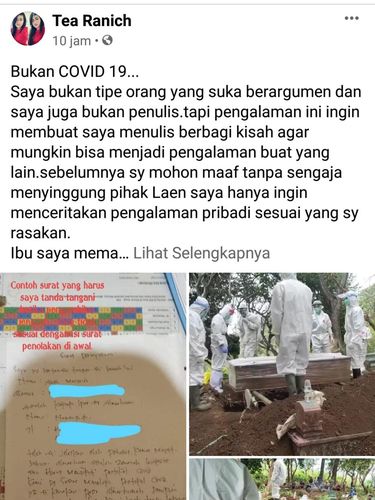 Seorang wanita curhat di Facebook soal ibunya yang meninggal dunia dalam perawatan di RSUD dr R Soedarsono, Kota Pasuruan. Lewat akun Tea Ranich, ia menyebut ibunya yang diabetes dilabeli COVID-19.