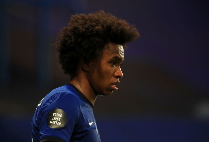 LONDON, ENGLAND - JULY 14: A Black Lives Matter movement logo is seen on the shirt sleeve of Willian of Chelsea during the Premier League match between Chelsea FC and Norwich City at Stamford Bridge on July 14, 2020 in London, England. Football Stadiums around Europe remain empty due to the Coronavirus Pandemic as Government social distancing laws prohibit fans inside venues resulting in all fixtures being played behind closed doors. (Photo by Adam Davy/Pool via Getty Images)