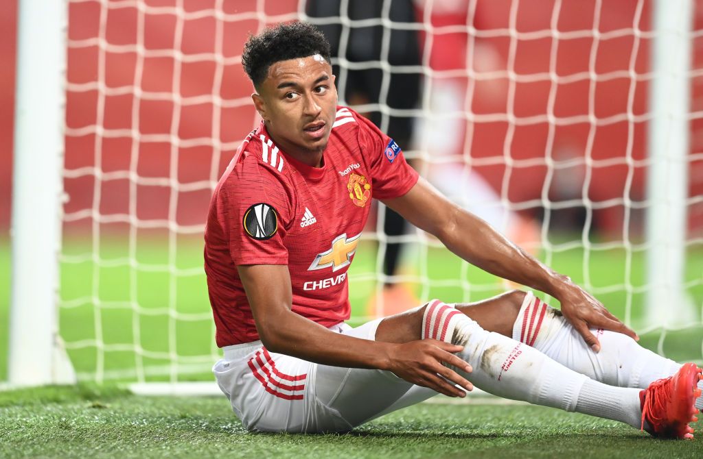MANCHESTER, ENGLAND - AUGUST 05: Jesse Lingard of Manchester United reacts during the UEFA Europa League round of 16 second leg match between Manchester United and LASK at Old Trafford on August 05, 2020 in Manchester, England. (Photo by Michael Regan/Getty Images)