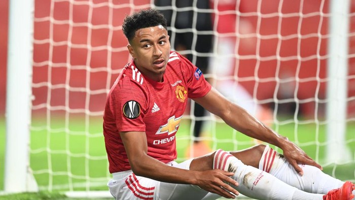 MANCHESTER, ENGLAND - AUGUST 05: Jesse Lingard of Manchester United reacts during the UEFA Europa League round of 16 second leg match between Manchester United and LASK at Old Trafford on August 05, 2020 in Manchester, England. (Photo by Michael Regan/Getty Images)
