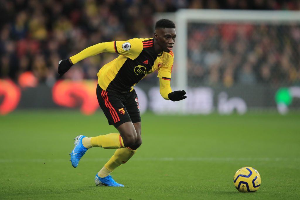 WATFORD, ENGLAND - DECEMBER 07: Ismaila Sarr of Watford during the Premier League match between Watford FC and Crystal Palace at Vicarage Road on December 7, 2019 in Watford, United Kingdom. (Photo by Marc Atkins/Getty Images)