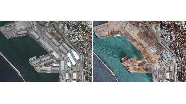This combination of satellite images provided by Maxar Technologies shows the port of Beirut and the surrounding area in Lebanon, top, on June 9, 2020, and the same area on Wednesday, Aug. 5, 2020, the day after a massive explosion that left entire city blocks blanketed with glass and rubble. (©2020 Maxar Technologies via AP)