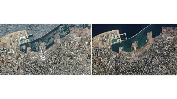 A combo of satellite images of the port of Beirut and the surrounding area in Lebanon, top, taken on May 31, 2020 and the bottom taken on Wednesday Aug. 5, 2020 that shows the destruction following a massive blast on Tuesday. Residents of Beirut confronted a scene of utter devastation a day after a massive explosion at the port rippled across the Lebanese capital, killing at least 100 people, wounding thousands and leaving entire city blocks blanketed with glass and rubble. (Planet Labs Inc. via AP)