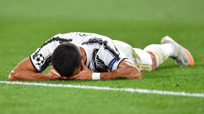 TURIN, ITALY - AUGUST 07: Cristiano Ronaldo of Juventus reacts during the UEFA Champions League round of 16 second leg match between Juventus and Olympique Lyon at Allianz Stadium on August 07, 2020 in Turin, Italy. (Photo by Valerio Pennicino/Getty Images)