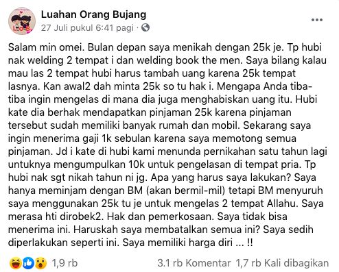 Wanita curhat uang seserahan dibagi dua.