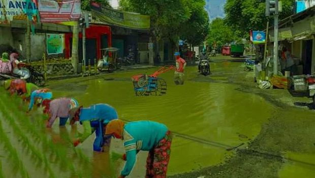 Foto jalan rusak di Rembang ini diedit menjadi sawah hingga kolam renang.