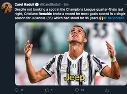 Ronaldo sendiri bikin rekor pribadi di laga Juventus. Tapi timnya kandas. (Foto: screenshot Internet/Twitter)