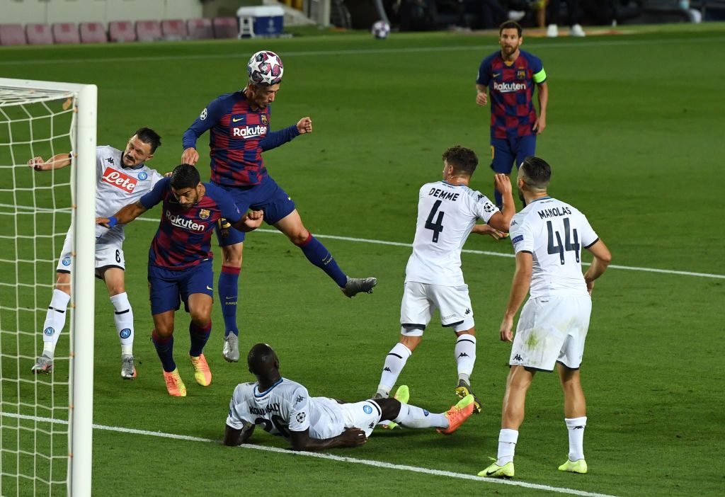 BARCELONA, SPAIN - AUGUST 08: Clement Lenglet of Barcelona scores his sides first goal during the UEFA Champions League round of 16 second leg match between FC Barcelona and SSC Napoli at Camp Nou on August 08, 2020 in Barcelona, Spain.  (Photo by David Ramos/Getty Images)
