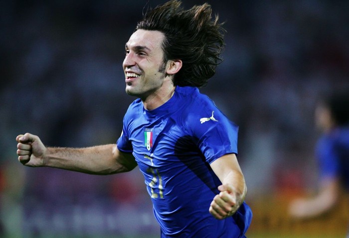 DORTMUND, GERMANY - JULY 04: Andrea Pirlo of Italy celebrates during the FIFA World Cup Germany 2006 Semi-final match between Germany and Italy played at the Stadium Dortmund on July 04, 2006 in Dortmund, Germany.  (Photo by Alex  Livesey/Getty Images)