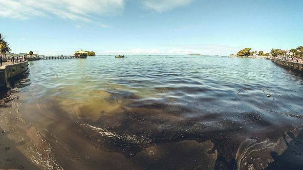 In this photo provided by Grégoire Rouxel fuel is in the ocean leaking from a ship, rear right, that ran aground, Friday, Aug. 7, 2020, in Mauritius. The Indian Ocean island of Mauritius has declared a 