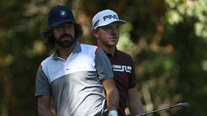 ROME, ITALY - OCTOBER 09: Matt Wallace of England pictured with Ex-Italian footballer Andrea Pirlo during a Practice round ahead of the Italian Open at Olgiata Golf Club on October 09, 2019 in Rome, Italy. (Photo by Matthew Lewis/Getty Images)