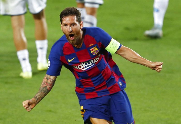Lionel Messi Barcelona's Lionel Messi celebrates after scoring his side's second goal during the Champions League round of 16, second leg soccer match between Barcelona and Napoli at the Camp Nou Stadium in Barcelona, Spain, Saturday, Aug. 8, 2020. (AP Photo/Joan Monfort)