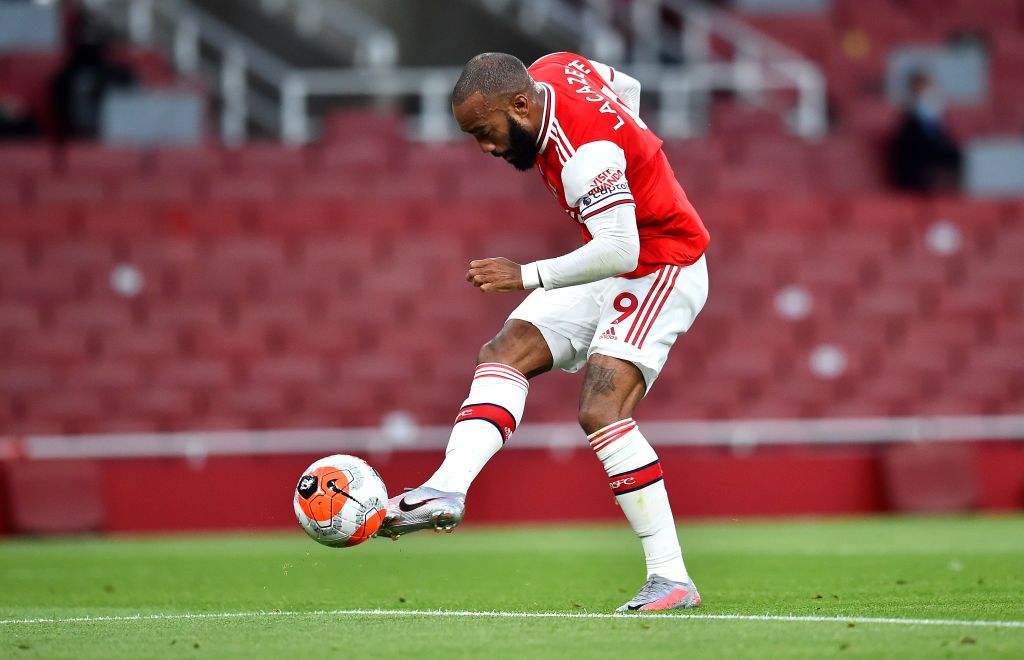 LONDON, ENGLAND - JULY 07: Alexandre Lacazette of Arsenal reacts during the Premier League match between Arsenal FC and Leicester City at Emirates Stadium on July 07, 2020 in London, England. Football Stadiums around Europe remain empty due to the Coronavirus Pandemic as Government social distancing laws prohibit fans inside venues resulting in all fixtures being played behind closed doors. (Photo by Michael Regan/Getty Images)