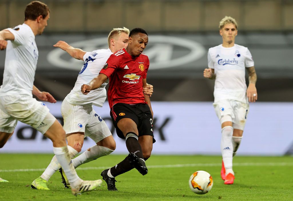 COLOGNE, GERMANY - AUGUST 10: Anthony Martial of Manchester United reacts during the UEFA Europa League Quarter Final between Manchester United and FC Kobenhavn at RheinEnergieStadion on August 10, 2020 in Cologne, Germany. (Photo by Wolfgang Rattay/Pool via Getty Images)