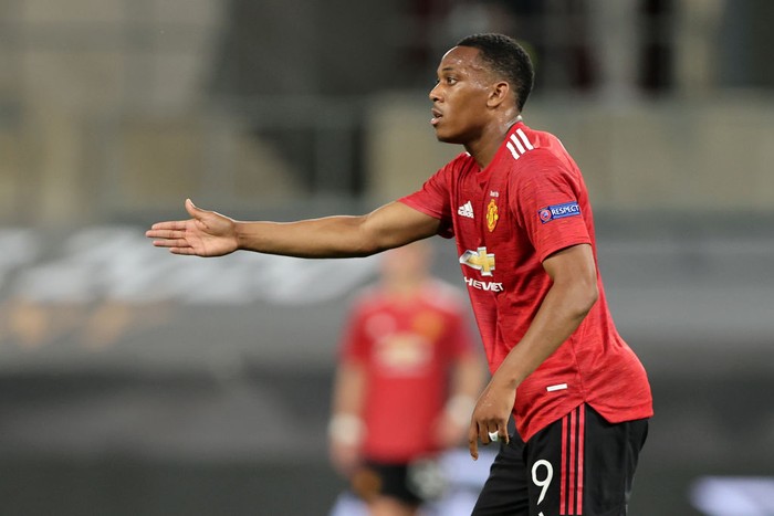COLOGNE, GERMANY - AUGUST 10: Anthony Martial of Manchester United reacts during the UEFA Europa League Quarter Final between Manchester United and FC Kobenhavn at RheinEnergieStadion on August 10, 2020 in Cologne, Germany. (Photo by Wolfgang Rattay/Pool via Getty Images)