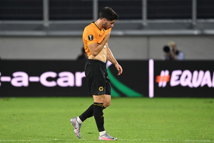 DUISBURG, GERMANY - AUGUST 11: Pedro Neto of Wolverhampton Wanderers looks dejected following the UEFA Europa League Quarter Final between Wolves and Sevilla at MSV Arena on August 11, 2020 in Duisburg, Germany. (Photo by Ina Fassbender/Pool via Getty Images)