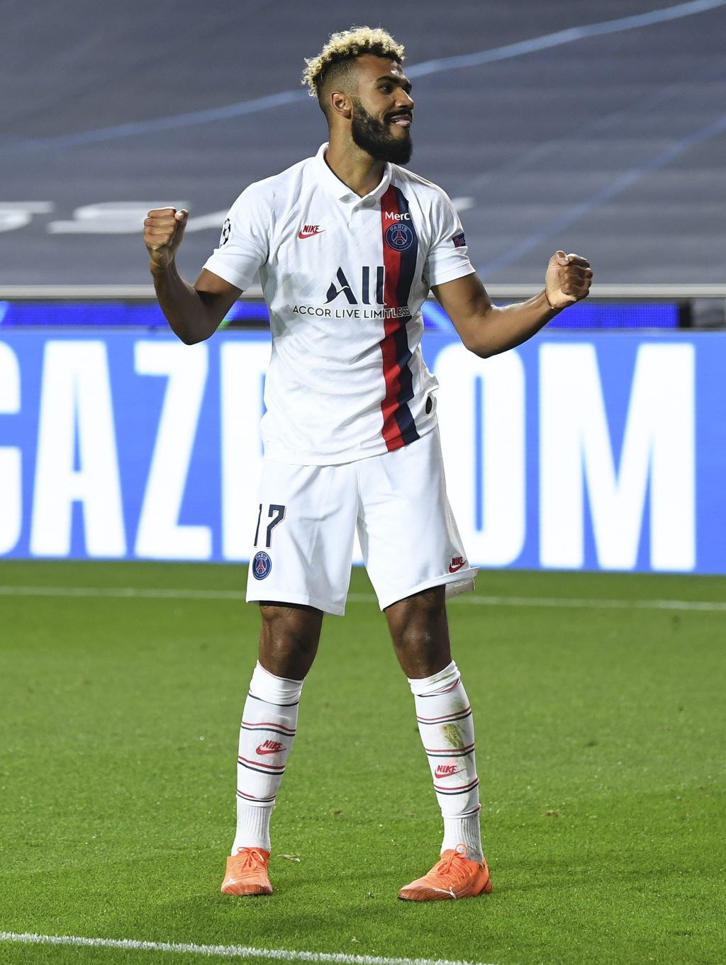 PSG's Eric Maxim Choupo-Moting reacts after scoring his team's second goal during the Champions League quarterfinal match between Atalanta and PSG at Luz stadium, Lisbon, Portugal, Wednesday, Aug. 12, 2020. (David Ramos/Pool Photo via AP)