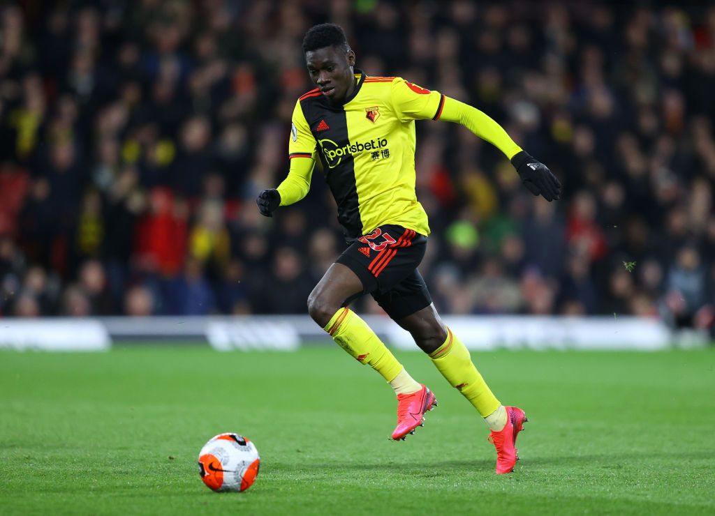 WATFORD, ENGLAND - FEBRUARY 29: Ismaila Sarr of Watford in action during the Premier League match between Watford FC and Liverpool FC at Vicarage Road on February 29, 2020 in Watford, United Kingdom. (Photo by Richard Heathcote/Getty Images)