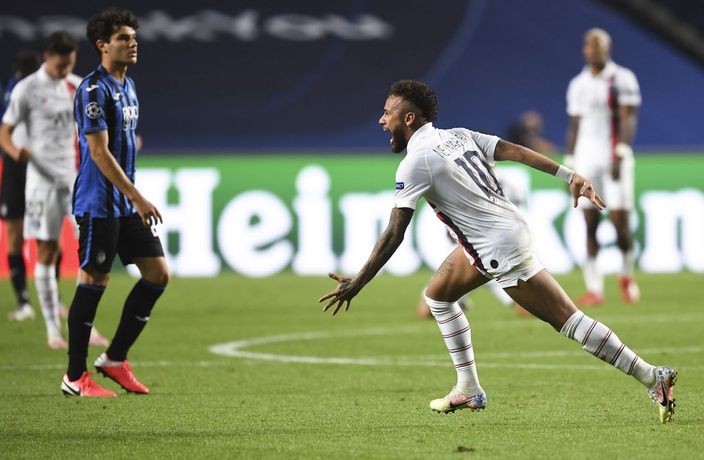 PSG's Neymar reacts after his team's win in the Champions League quarterfinal match between Atalanta and PSG at Luz stadium, Lisbon, Portugal, Wednesday, Aug. 12, 2020. (David Ramos/Pool Photo via AP)