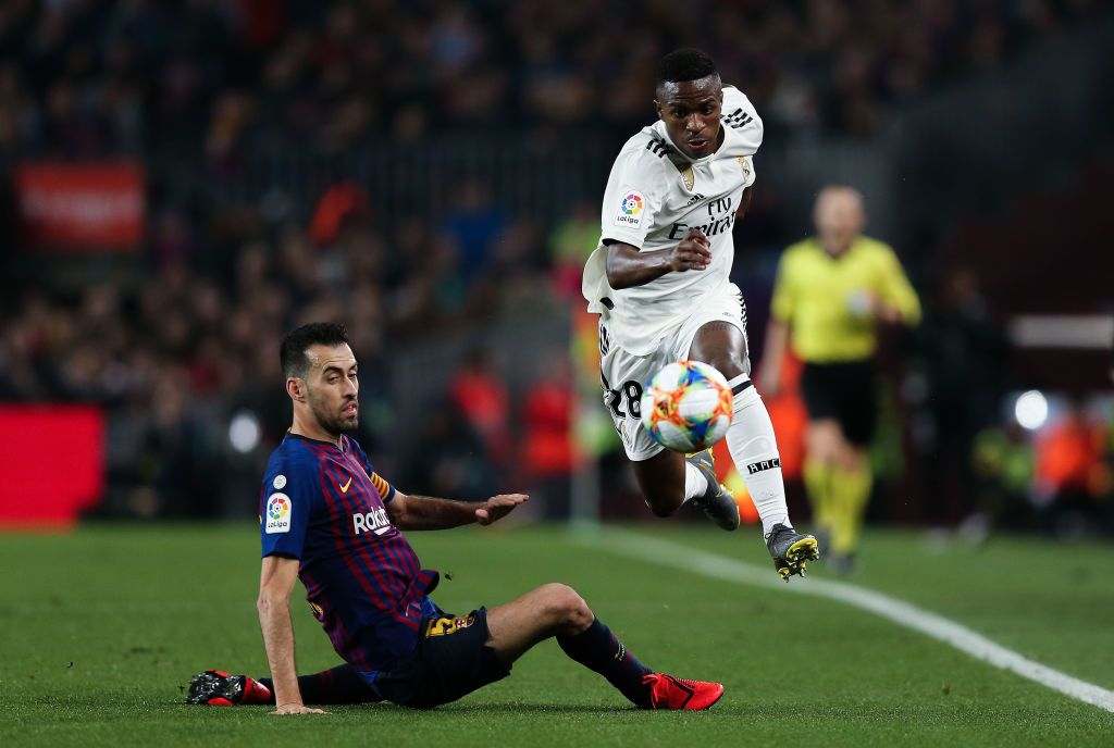 MADRID, SPAIN - FEBRUARY 26: Vinicius JR of Real Madrid CF looks on during the UEFA Champions League round of 16 first leg match between Real Madrid and Manchester City at Bernabeu on February 26, 2020 in Madrid, Spain. (Photo by David Ramos/Getty Images)