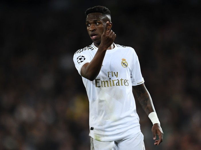 MADRID, SPAIN - FEBRUARY 26: Vinicius JR of Real Madrid CF looks on during the UEFA Champions League round of 16 first leg match between Real Madrid and Manchester City at Bernabeu on February 26, 2020 in Madrid, Spain. (Photo by David Ramos/Getty Images)