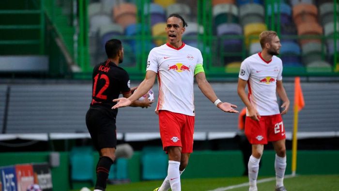 1266155329 LISBON, PORTUGAL - AUGUST 13: Yussuf Poulsen of RB Leipzig reacts during the UEFA Champions League Quarter Final match between RB Leipzig and Club Atletico de Madrid at Estadio Jose Alvalade on August 13, 2020 in Lisbon, Portugal. (Photo by Lluis Gene/Getty Images)