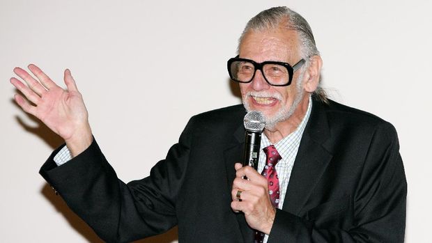 LAS VEGAS - JUNE 18:  (US TABS AND HOLLYWOOD REPORTER OUT) Director George A. Romero laughs while speaking to guests after receiving a Vanguard Director Award during the final night of the CineVegas film festival at the Brenden Theatres at the Palms Casino Resort June 18, 2005 in Las Vegas. Romero held the world premiere of his film 