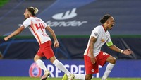 Laga Leipzig vs Atletico pada perempatfinal Liga Champions tersaji di Estadio Jose Avalade, Lisbon, Portugal, Jumat (14/8/2020) dini hari WIB. Kedua bermain imbang 0-0 di babak pertama. Lluis Gene/Pool Photo via AP.
