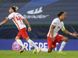 Laga Leipzig vs Atletico pada perempatfinal Liga Champions tersaji di Estadio Jose Avalade, Lisbon, Portugal, Jumat (14/8/2020) dini hari WIB. Kedua bermain imbang 0-0 di babak pertama. Lluis Gene/Pool Photo via AP.