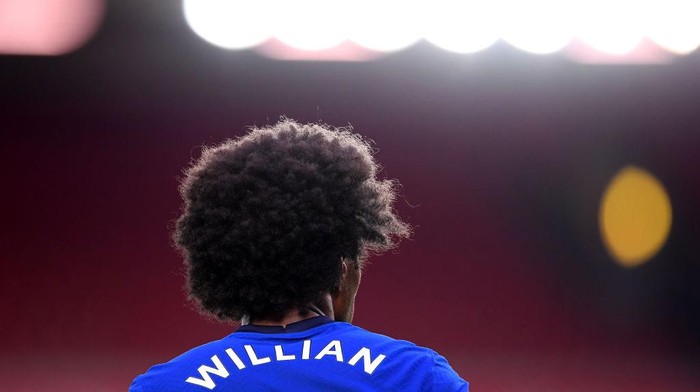 LIVERPOOL, ENGLAND - JULY 22: A close up view of Willian of Chelsea during the Premier League match between Liverpool FC and Chelsea FC at Anfield on July 22, 2020 in Liverpool, England. Football Stadiums around Europe remain empty due to the Coronavirus Pandemic as Government social distancing laws prohibit fans inside venues resulting in all fixtures being played behind closed doors. (Photo by Laurence Griffiths/Getty Images)