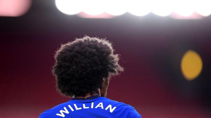 Willain LIVERPOOL, ENGLAND - JULY 22: A close up view of Willian of Chelsea during the Premier League match between Liverpool FC and Chelsea FC at Anfield on July 22, 2020 in Liverpool, England. Football Stadiums around Europe remain empty due to the Coronavirus Pandemic as Government social distancing laws prohibit fans inside venues resulting in all fixtures being played behind closed doors. (Photo by Laurence Griffiths/Getty Images)