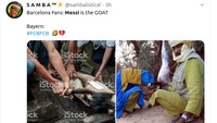 Kalau ada yang bilang Messi adalah G.O.A.T atau Greatest of All Time, maka Bayern menjadikan akronim GOAT alias kambing ibarat hewan kurban, yakni membuatnya tak berdaya dan kepalanya dipenggal. (Foto: Twitter)