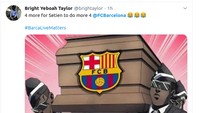 Barcelona dilumat Bayern Munich 2-8 di perempatfinal Liga Champions, Sabtu (15/8/2020) dini hari WIB. Raksasa LaLiga itu bak mayat yang digotong oleh penari asal Ghana. (Foto: Twitter)